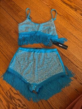 NWT sold out Fashion Nova Festival Days 2 piece set in blue rhinestone & fringe